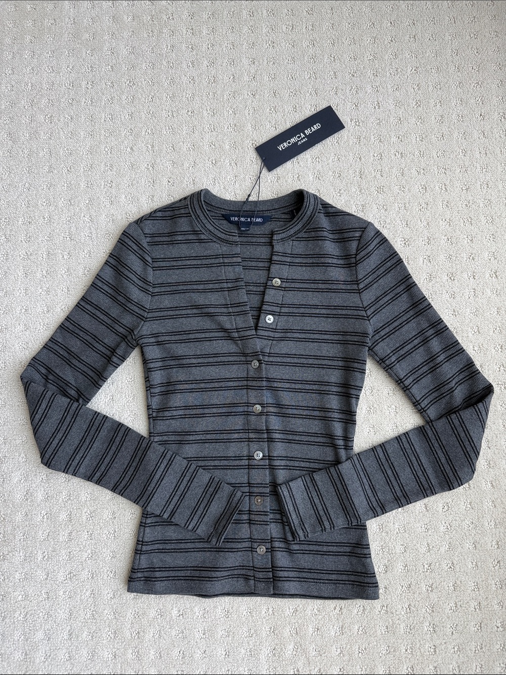 NWT Veronica Beard Charcoal and Black Striped Crewneck Shirt